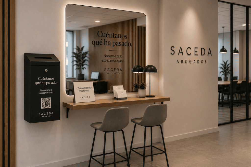 Stand de bienvenida preparado por la agencia Bloom® para Saceda Abogados