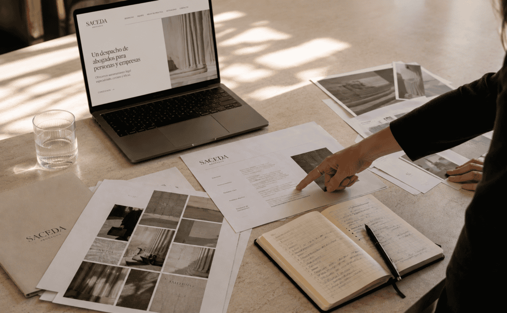 Una mano apuntando a toda la documentación de marca que hay sobre la mesa con el fin de analizar su estrategia
