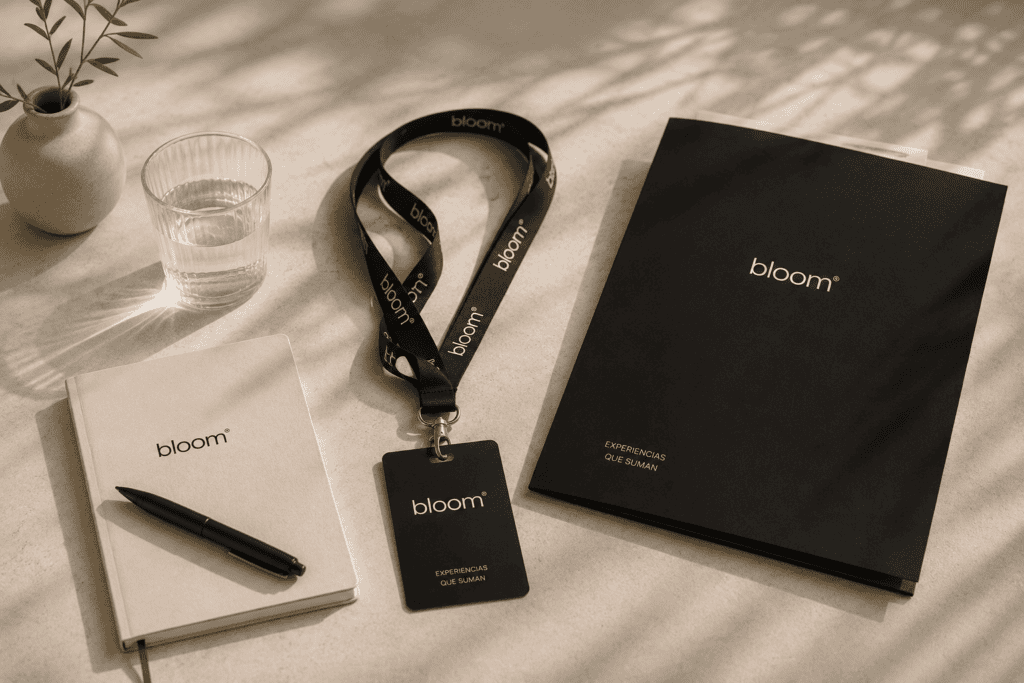 Merchandising diseñado para un evento de marca, con su badge identificativa, carpeta y boli.