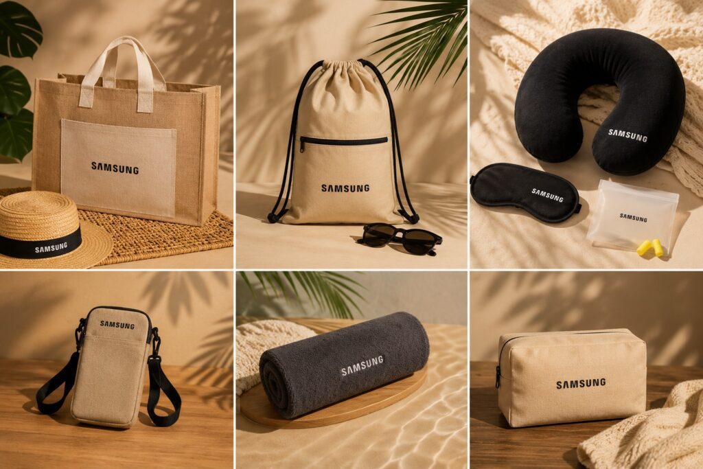 Merchandising de bolsas, neceseres y otros accesorios de viaje diseñado por la agencia Bloom® para Samsung